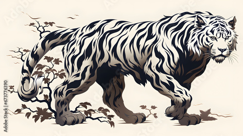 Black and white tiger in Chinese art style silhouette - Generated by AI © sbjshah