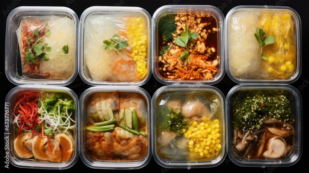 Modern food lunch boxes in plastic packages Modern food lunch boxes in plastic packages