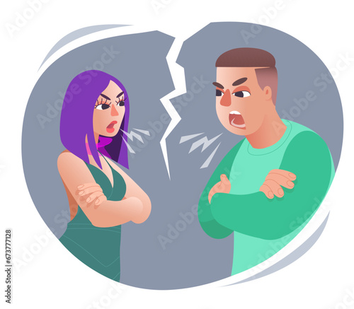 A man and a woman married couple are quarreling and shouting at each other. Concept of conflicts in relationships of young couples. Vector flat illustration.