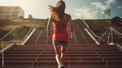 Young athletic woman running and doing stair crunches outdoors. warm-up exercises.