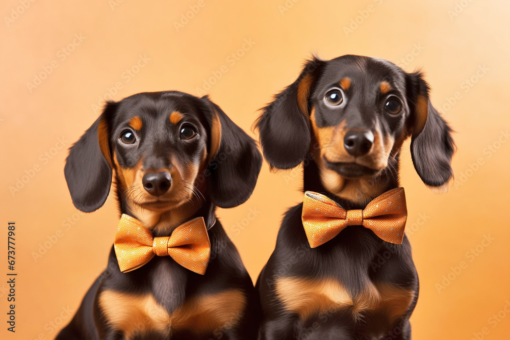 Pair of cute Dachshund dogs with bowties on orange background