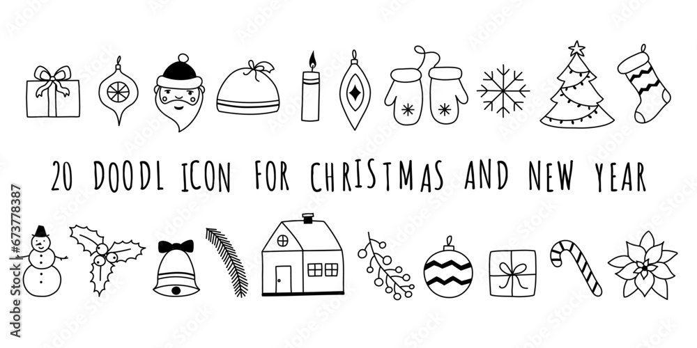Fototapeta premium Hand drawn Christmas icons isolated on black background. Illustration in doodle style.
