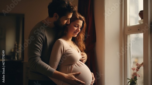 Young pregnant woman having romantic moments with her husband at home. a loving family photo