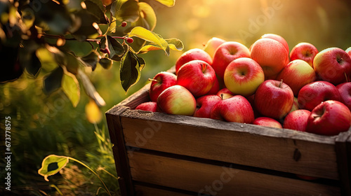 Apples In Wooden Crate On Table At Sunset - Autumn And Harvest Concept