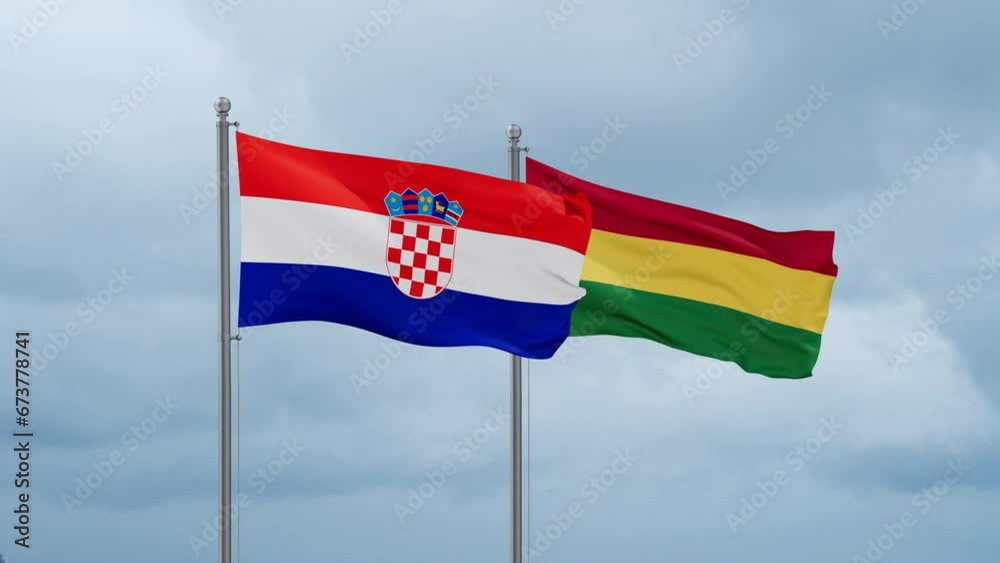 Bolivia flag and Croatia flag waving together on cloudy sky, endless seamless loop, two country relations concept Bolivia flag and Croatia flag waving together on cloudy sky, endless seamless loop, two country relations concept