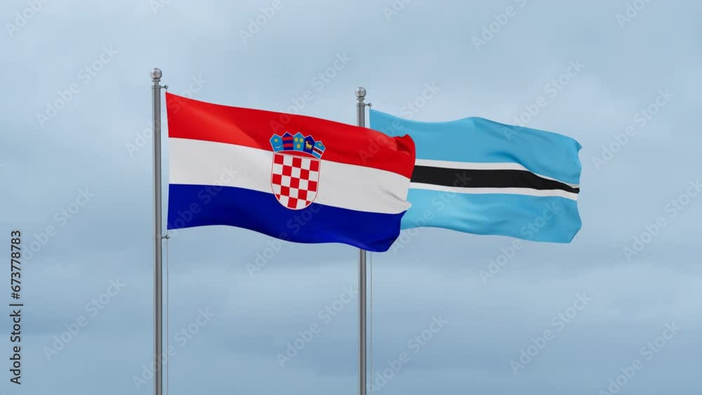 Botswana flag and Croatia flag waving together on cloudy sky, endless seamless loop, two country relations concept