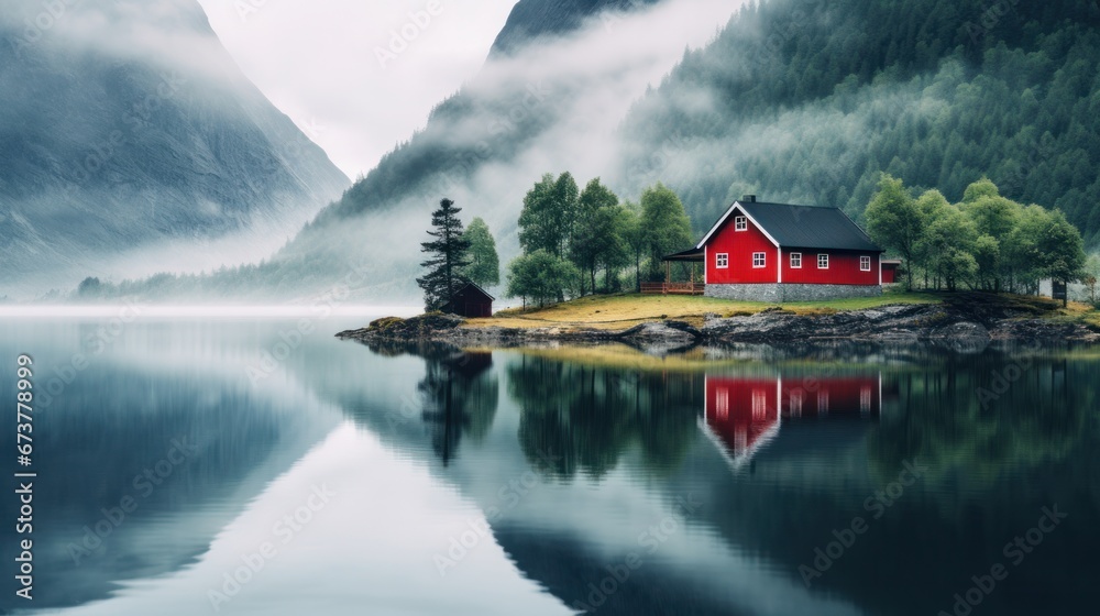 Red hut of Norwegian culture and architecture by the lake in Norway, lake house, amazing view of the lake - obrazy, fototapety, plakaty 