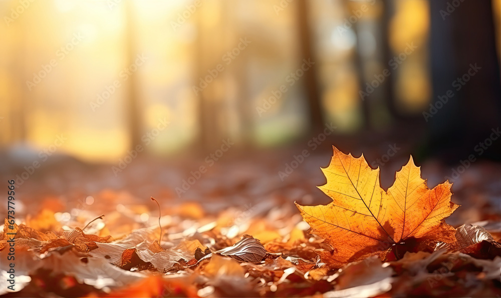 Flying fall leaves on autumn background. Yellow and red maple leaves are flying and falling down. Autumnal landscape.