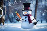 A jolly snowman with a carrot nose and top hat, standing in a winter garden