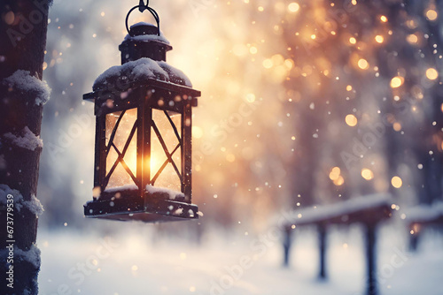christmas lantern in the snow, Lantern in the snow with a christmas tree in the background,