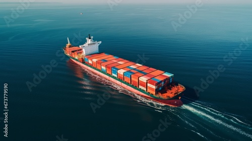 Aerial View of Container at Sea. A large container cargo ship travels in the calm, blue ocean