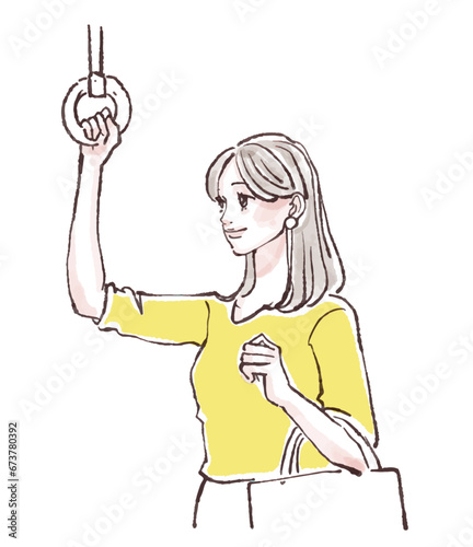 吊り革を持つ女性/電車/電車通勤/通勤/移動/女性専用車両/痴漢/女性・女の子のイラスト素材