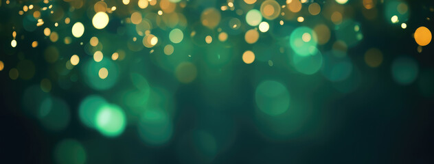 Abstract blur bokeh banner background. Gold bokeh on defocused emerald green background