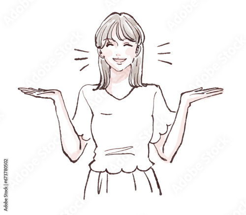 案内/両手を広げる/解説/説明/いいね/OK/こちら/比較/天秤/天秤にかける/はかる/女性・女の子のイラスト素材