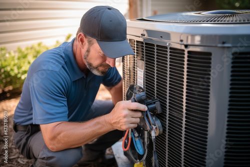Technician checks the air conditioner system next to a home. HVAC condenser technical inspection. Generative AI © artsterdam