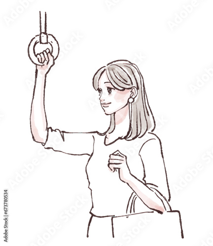 吊り革を持つ女性/電車/電車通勤/通勤/移動/女性専用車両/痴漢/女性・女の子のイラスト素材