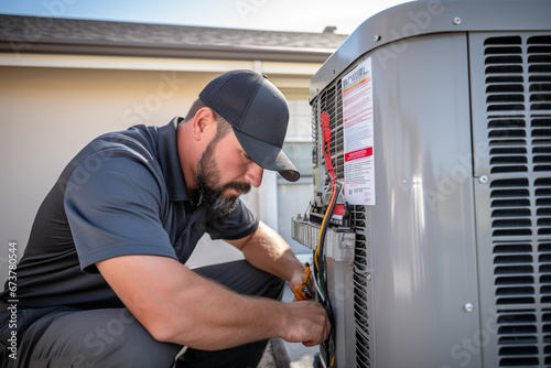 Technician checks the air conditioner system next to a home. HVAC condenser technical inspection. Generative AI photo