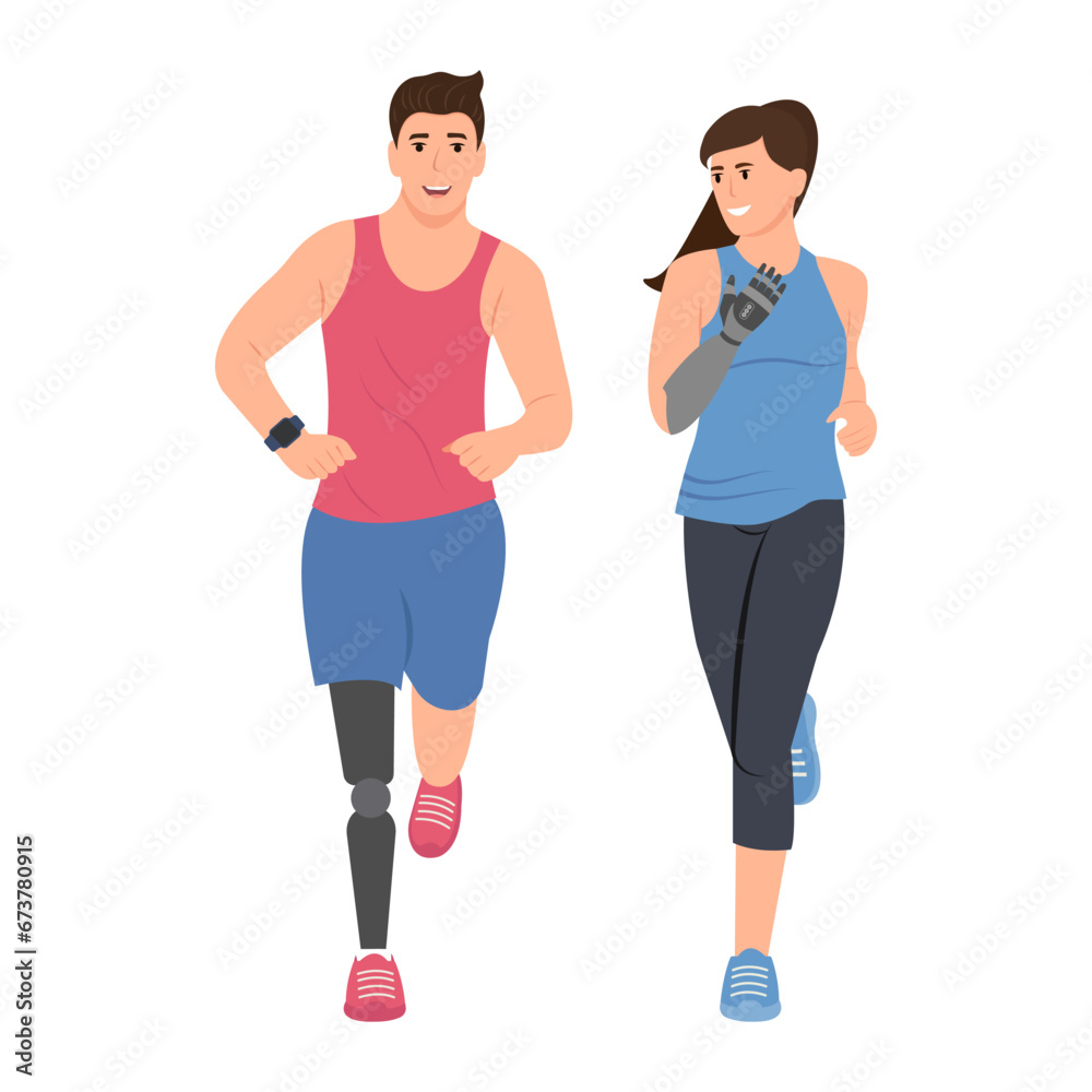 Man and woman with disability. People with leg, hand prosthesis. Adaptive sports for people with disability.Flat vector illustration. Man and woman with disability. People with leg, hand prosthesis. Adaptive sports for people with disability.Flat vector illustration.