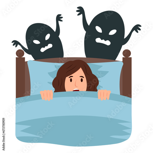 Woman  feels fear, anxiety and confusion in bed. Scary monsters, nightmares..Vector illustration isolated on white background