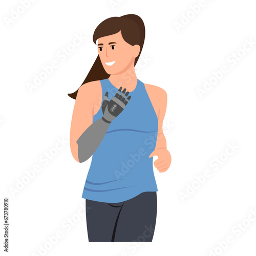  Woman with bionic arm, metallic cybernetic hand is running. Person with disability.  Flat vector illustration isolated on white background