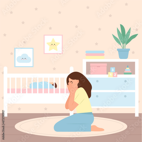 Postpartum depression. .Tired sad woman sits near the cradle with a newborn baby.Young mother needs psychological help. Mood disorder. Vector illustration