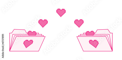 Pink data transfer or transfer icon. Document folders with hearts exchange data. Vector illustration