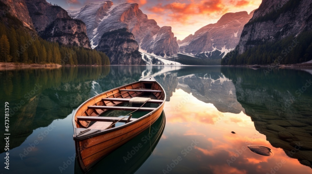 Boats on the Braies Lake in Dolomites mountains,  Italy, South Tyrol, Europe