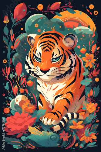 Tiger - Tiere gezeichnet mit Blumen - chinesische Tierkreiszeichen Zodiac