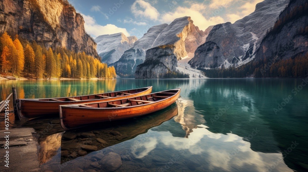 Boats on the Braies Lake in Dolomites mountains,  Italy, South Tyrol, Europe