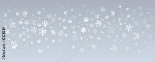 Christmas snowflakes background. Winter silver snow border decoration, greeting card. Noel subtle frame backdrop. Vector illustration