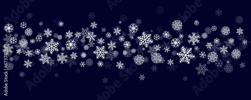 Christmas snowflakes background. Winter snow border blue decoration, greeting card. Noel subtle frame backdrop. Vector illustration