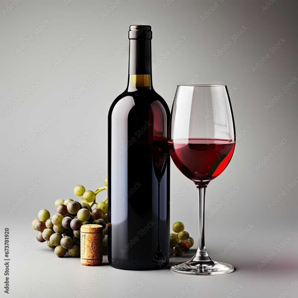 Fototapeta premium Red Wine bottle and glass on white background.