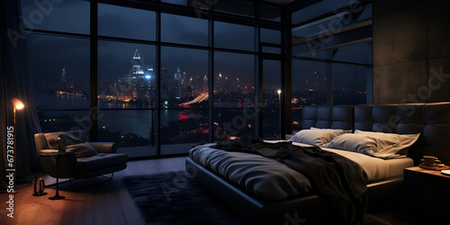 penthouse bedroom at night, dark gloomy, A room with a view of the city from the bed Gloomy and Mysterious Penthouse Bedroom A Nighttime Escape AI Generative  photo