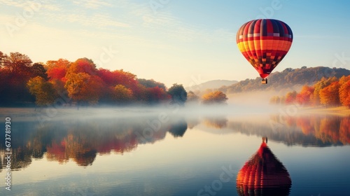 Colorful autumn season and hot air balloon with morning fog and red leaves at lake. Composition of nature. photo
