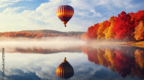 Colorful autumn season and hot air balloon with morning fog and red leaves at lake. Composition of nature.