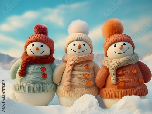 Three Minimal Snowmen in Pastel Pink Scarves and Hats on a Snowy Blue Background - Cute Christmas and Year-End Holidays Banner or Card Concept