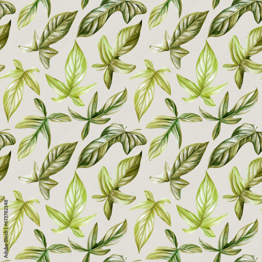 Tropical leaves seamless pattern watercolor. Hand drawn painted vintage plants illustration