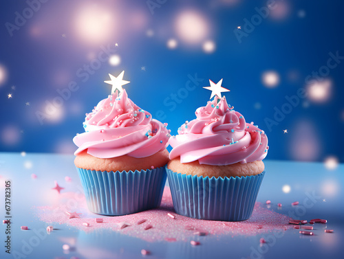 Wallpaper of Neatly Aligned Pink Cupcakes on a Blue Background - Sweet Composition Concept