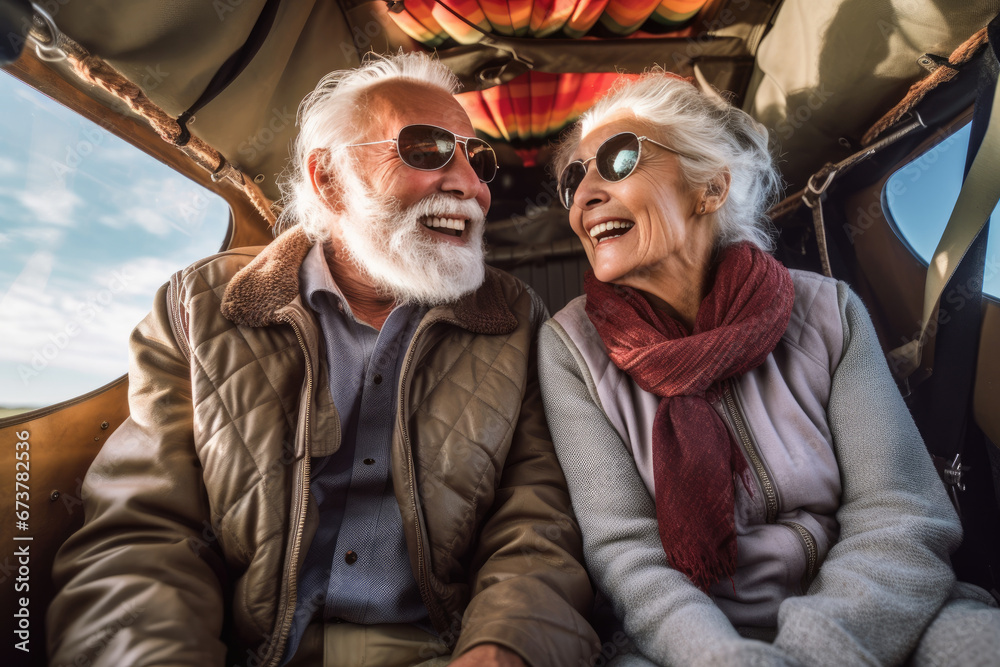 Happy elderly couple flying in a hot air balloon