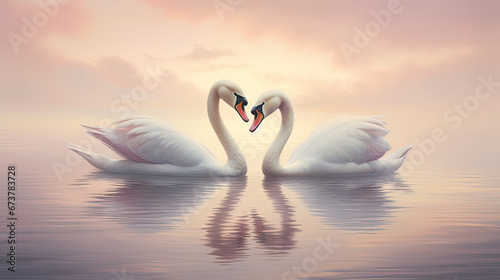 Elegant swans gliding serenely on a mirror-like lake reflecting pastel clouds above Ai Generative