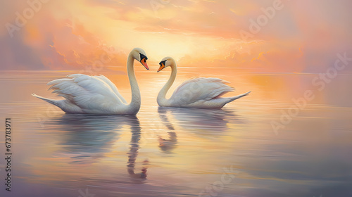 Elegant swans gliding serenely on a mirror-like lake reflecting pastel clouds above Ai Generative
