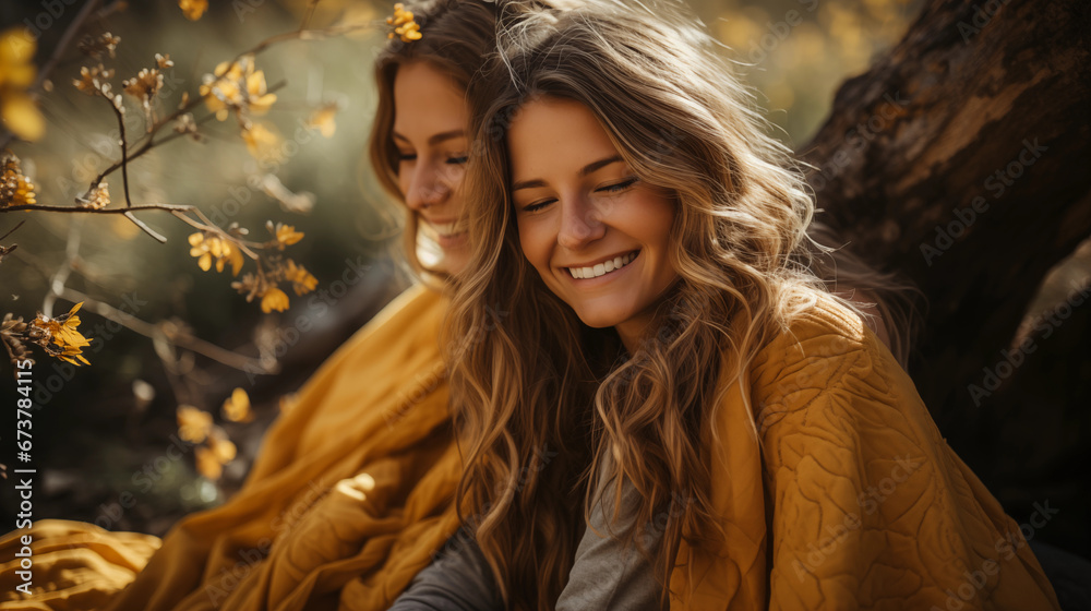 Fototapeta premium Outdoor Hugs: Friends enjoying the outdoors, sharing an embrace surrounded by nature's beauty