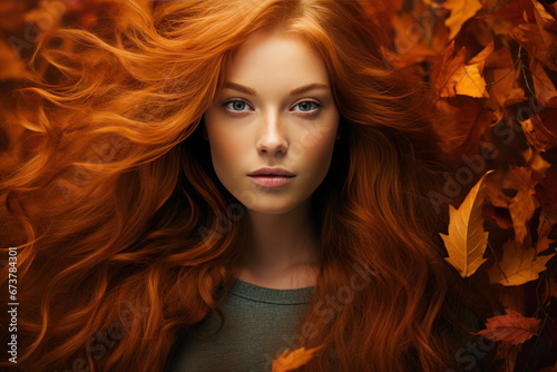 Portrait beautiful young woman with flying long red hair symbolizing autumn and autumn leaves, Closeup