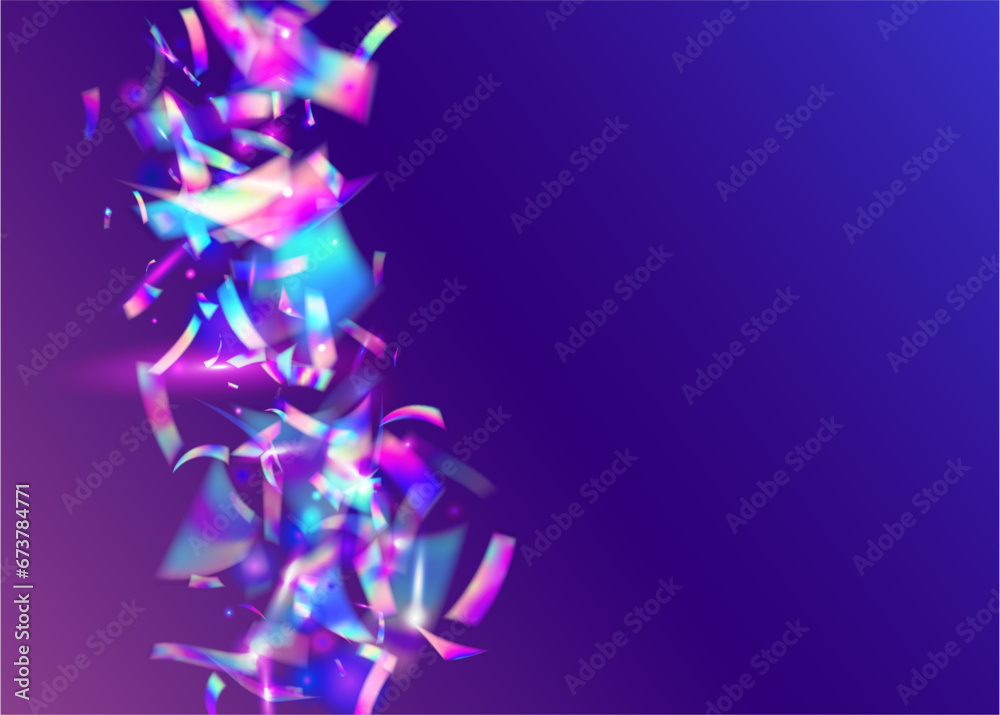 Fototapeta premium Falling Confetti. Glamour Art. Holographic Tinsel. Purple Retro Texture. Metal Flare. Shiny Carnaval Gradient. Glitter Foil. Glitch Sparkles. Blue Falling Confetti