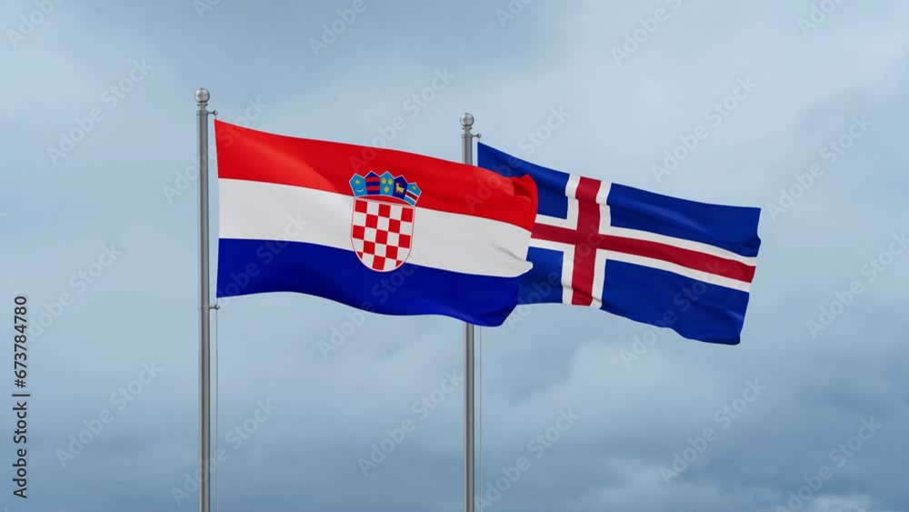Iceland and Croatia flag waving together on cloudy sky, endless seamless loop, two country cooperation concept Iceland and Croatia flag waving together on cloudy sky, endless seamless loop, two country cooperation concept