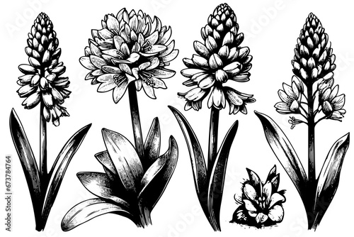 drawing hyacinth flower sketch black and white art hand drawn set photo