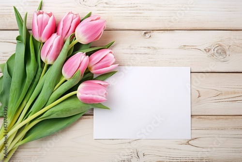 Colorful tulips on wooden table. Top view