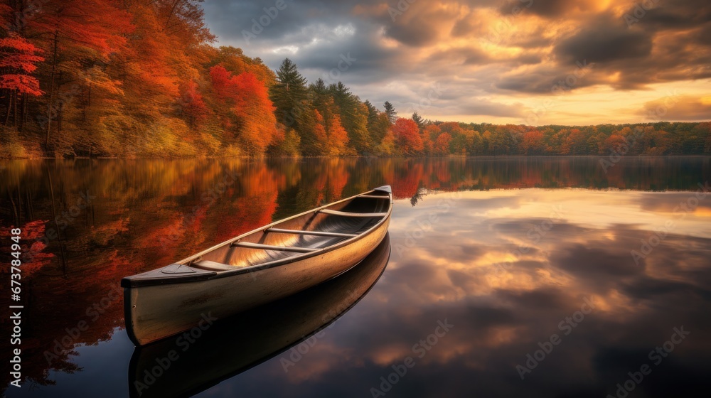 Surrounding vegetation and forest lake, boat floating on glassy surface. autumn landscape. peaceful environment.