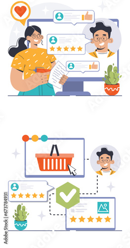 Customer feedback. Consumer reviews public exchange. Sharing assessment of a purchased goods and services in mobile app or social media blog, leaving a comment. Flat vector illustration