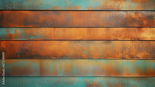 oxidized copper patina corrugated sheet metal grunge background texture. Vintage antique weathered and worn rusted bronze or brass abstract pattern, green photo